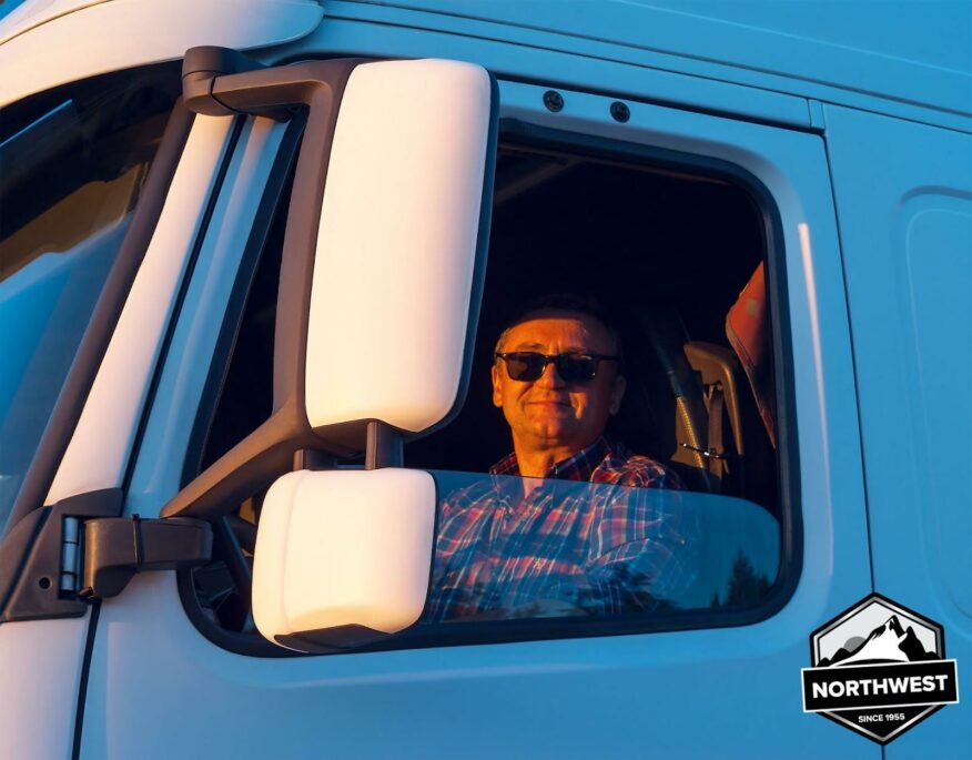 A man driving blue truck looking at camera smiling