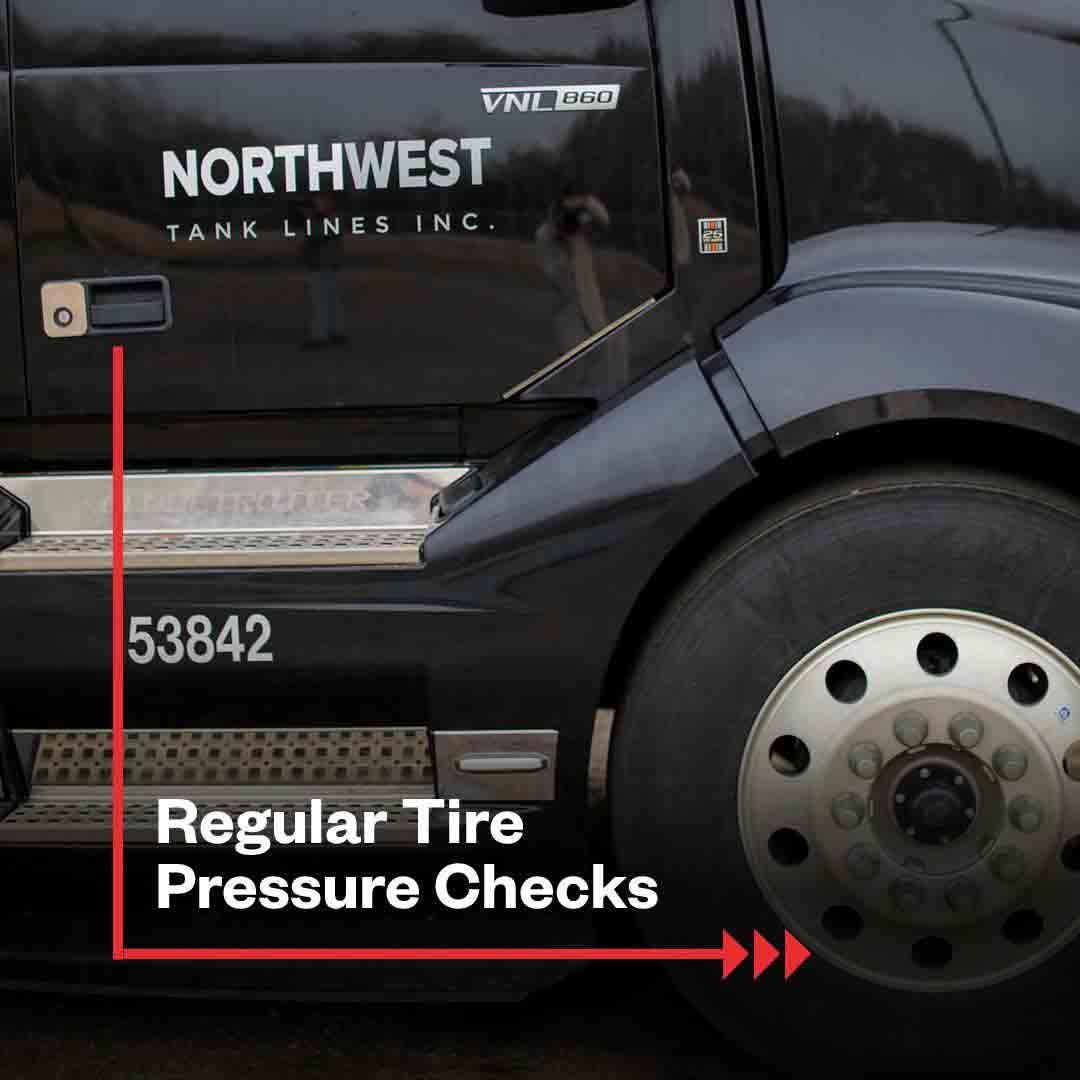 A black truck highlighting the words ‘Regular tire pressure checks for commercial truck tire pressure.